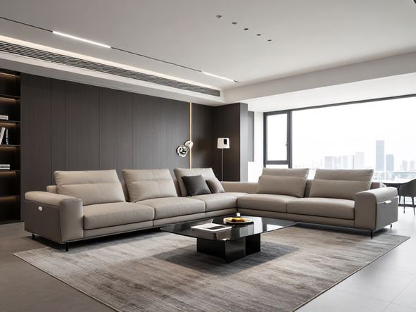 modern living room interior, sleek sofa, professional photography