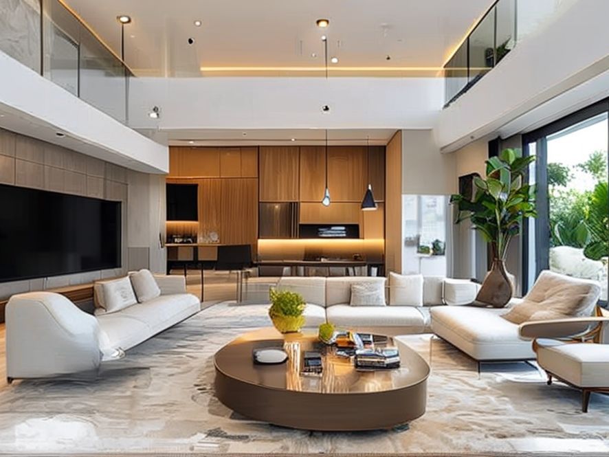 modern living room interior, functional furniture,, professional photography